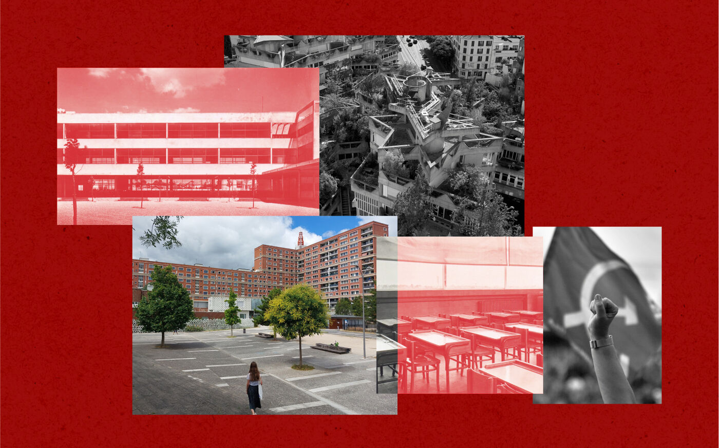 La cité Thorez d'Ivry (en couleurs) a été construite au début des années 1950 ; l'école Karl-Marx de Villejuif en 1932-1933 ;  le centre Jeanne-Hachette d'Ivry (photo aérienne) en 1969. LP/Agnès Vives Le Parisien DA - Archives communales de Villejuif ; LP/Agnès Vives ; RIEGER BERTRAND/HEMIS.FR ; AFP/Jacques Demarthon